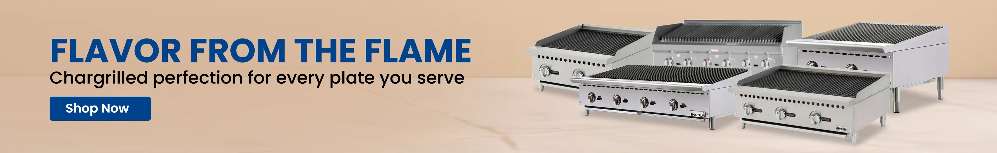 Collection of commercial charbroilers and grills in various sizes, featuring stainless steel construction, displayed on a light beige background.