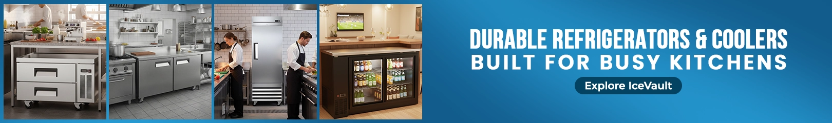 IceVault commercial refrigerators and coolers including undercounter fridges, prep tables, reach-in refrigerators, and glass door beverage coolers for busy restaurant and hotel kitchens.