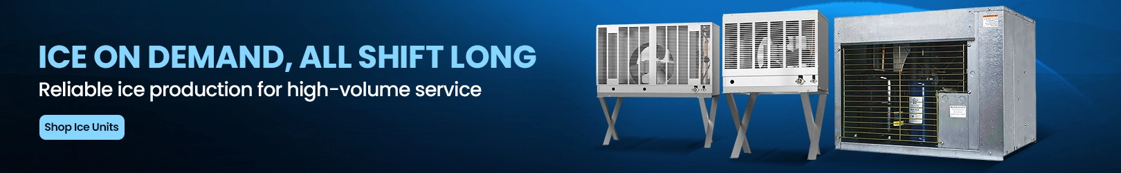 Commercial ice machines of different sizes and designs on a blue background, suitable for high-volume ice production in commercial settings.