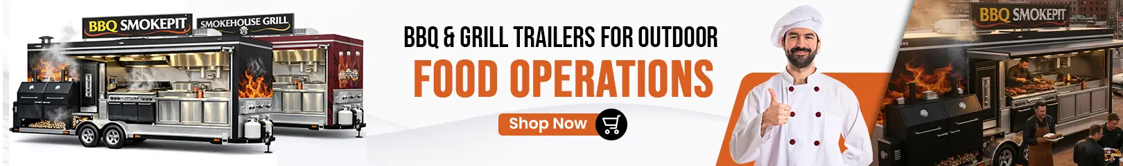 BBQ and grill trailers for outdoor food operations with commercial smokers, grills, and fully equipped mobile kitchens