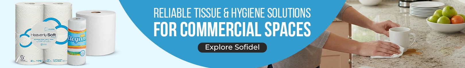 Sofidel commercial tissue rolls, paper towels, and hygiene products for offices, hotels, restaurants, and commercial cleaning needs.