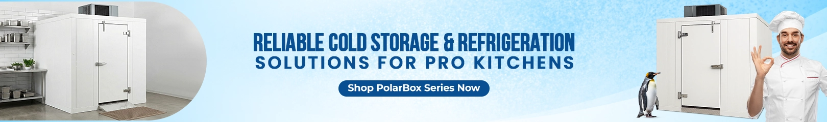 PolarBox walk-in cold storage and commercial refrigeration unit with professional chef, designed for reliable frozen and chilled storage in restaurant and hotel kitchens.