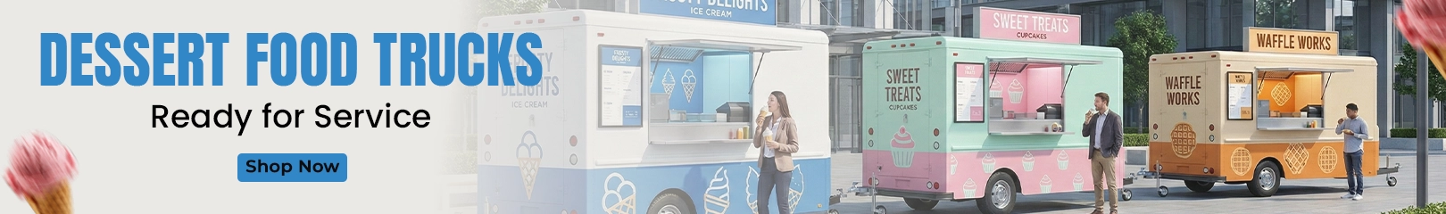 Dessert food trucks ready for service featuring ice cream, cupcakes, and waffle trucks for mobile dessert businesses