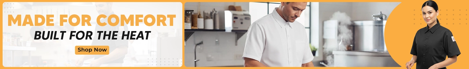 Chefs wearing short-sleeve kitchen shirts designed for comfort and heat resistance, shown with a banner promoting lightweight, breathable chef wear.