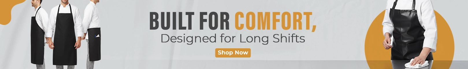 Chefs wearing black aprons designed for comfort and long shifts, shown from multiple angles with a banner highlighting durable work aprons.