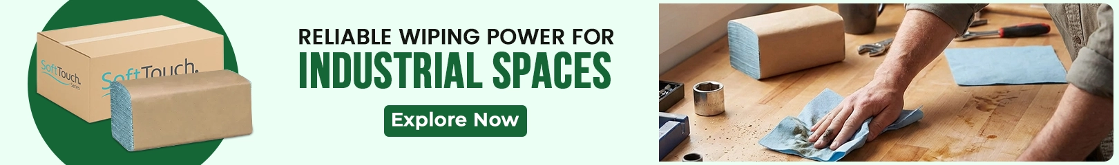 SoftTouch industrial paper wiping towels and cleaning wipes used for surface maintenance in workshops, factories, and commercial workspaces.