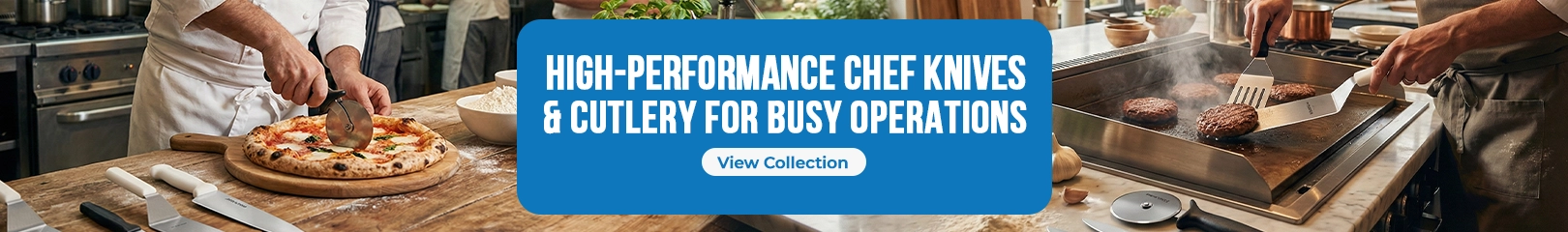 Professional chefs using high-performance kitchen knives and cutlery to prepare pizza and grill burgers in a commercial restaurant kitchen.