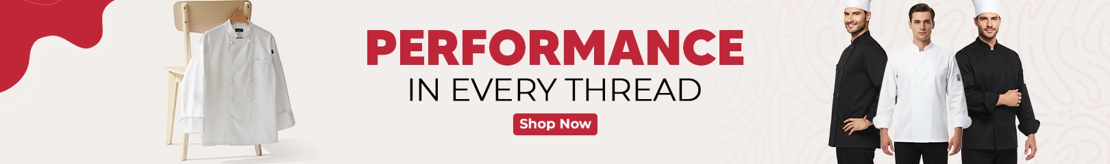 Chef coats displayed on a chair and worn by chefs in black and white uniforms, shown with a banner promoting high-performance kitchen apparel.