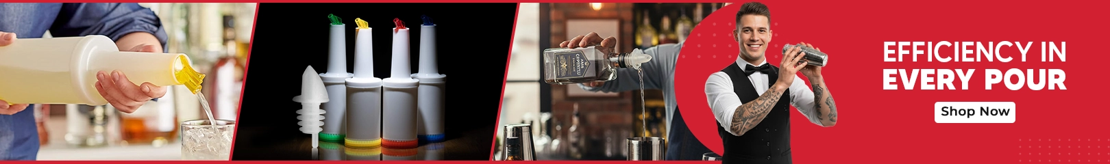 Bartenders using pourers and liquor spouts while mixing drinks, with colorful bottle pourers displayed and a banner promoting efficient pouring.