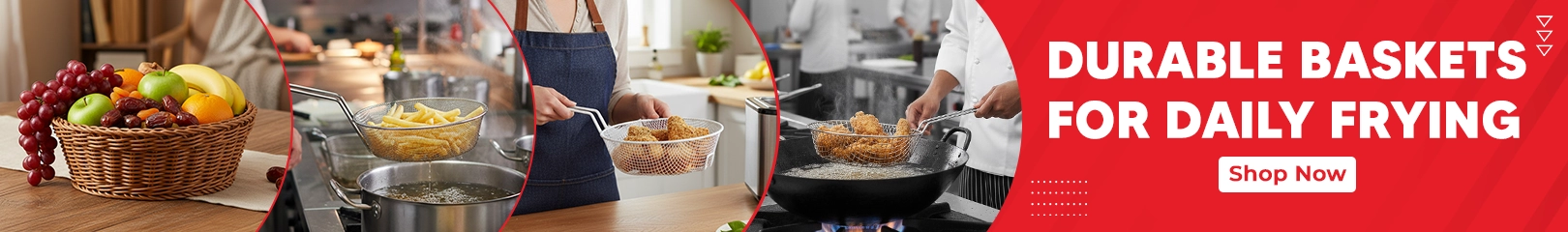 Wire baskets used for frying fries and chicken in home and commercial kitchens, shown alongside a fruit basket with a banner promoting durable frying baskets.