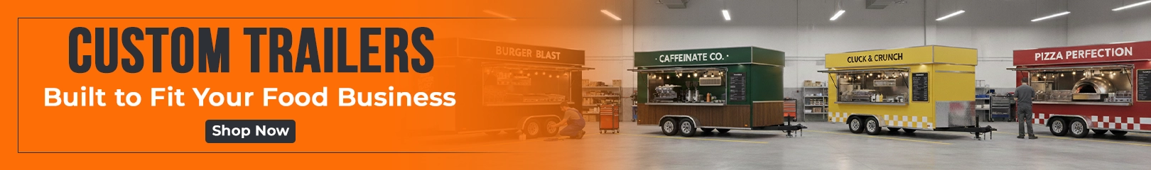 Custom food trailers built to fit your food business with fully equipped mobile kitchens for burgers, coffee, fried food, and pizza