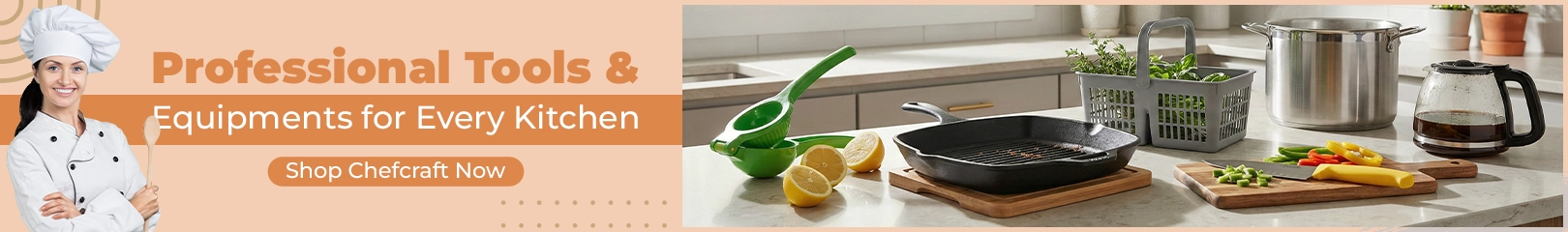 Chefcraft professional kitchen tools and cookware including grill pan, saucepan, citrus juicer, cutting board, and utensils for home and commercial kitchens.