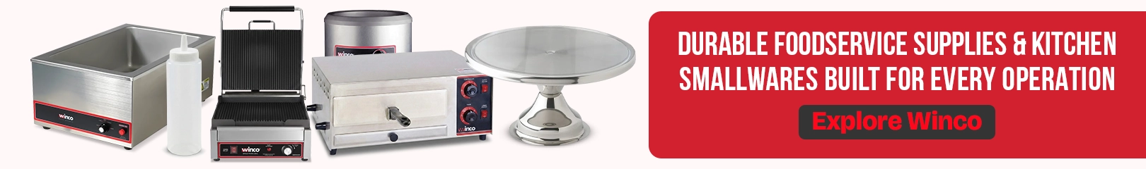 Winco commercial foodservice equipment including countertop fryer, panini grill, toaster oven, squeeze bottle, and cake stand for professional restaurant, café, and hotel kitchens.
