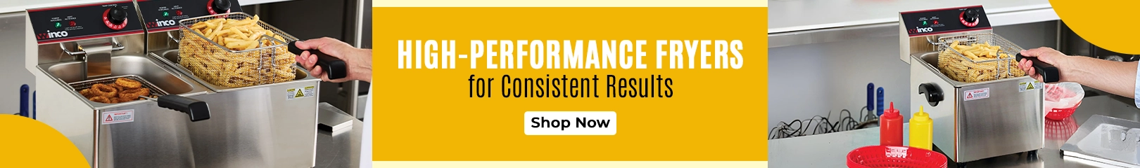 Commercial deep fryers cooking fries and fried foods in a professional kitchen, shown with a banner highlighting high-performance fryers for consistent results.