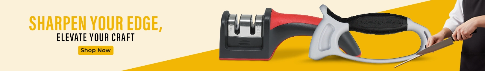 Knife sharpeners and a chef sharpening a blade, displayed with a banner promoting sharp, precise edges for better performance.