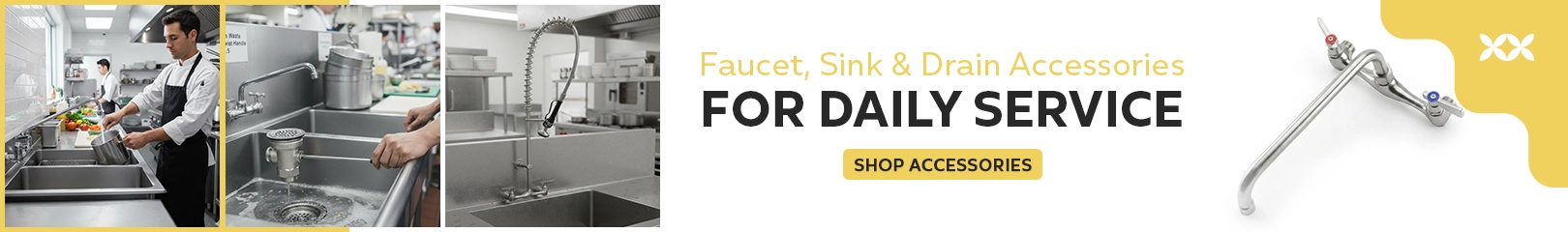 Commercial kitchen faucet and sink accessories including pre-rinse spray faucets and drain components designed for daily food service use