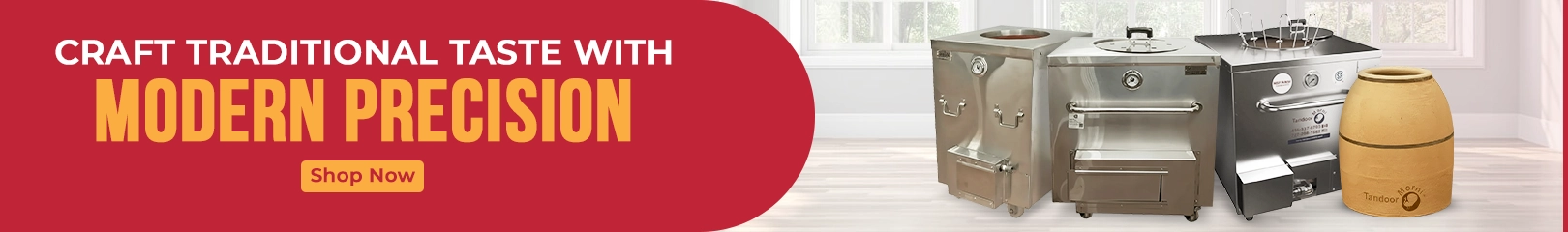 Commercial stainless steel tandoor ovens and a traditional clay tandoor displayed together, shown with a banner promoting traditional taste and modern precision.