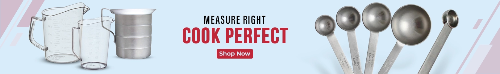 Measuring cups and stainless steel measuring spoons displayed on a light background with a banner promoting accurate measuring for perfect cooking.