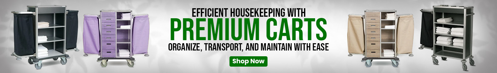Premium housekeeping carts with drawers and bags for efficient storage, transport, and organization of linens and cleaning supplies.