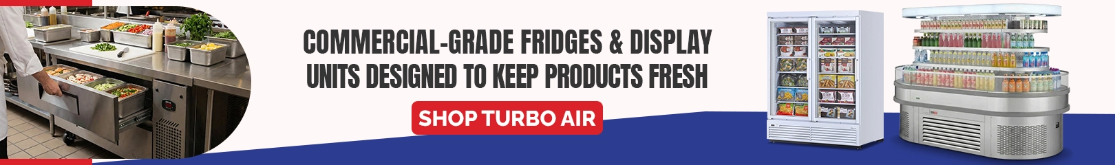 Commercial-grade Turbo Air refrigerators and display units with stainless steel prep tables, refrigerated drawers, and beverage showcase fridges for fresh food storage in restaurants, cafés, and hotels.