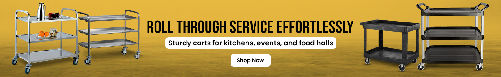 Various metal and plastic storage carts with multiple shelves and wheels, displayed on a solid mustard yellow textured background.