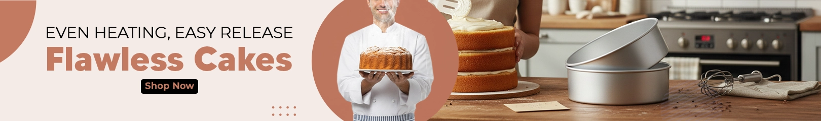 Aluminum cake pans, a whisk, and a layered cake being frosted in a kitchen, with a chef holding a finished cake and a banner promoting even heating and easy release for flawless baking.