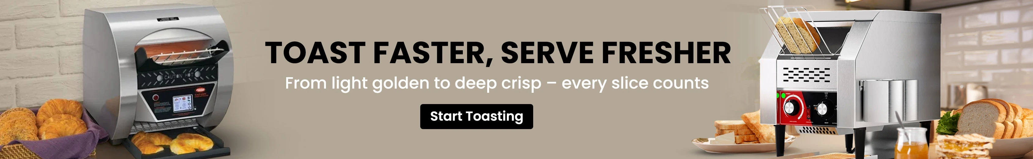 Two commercial bread toasters on a counter, one with croissants and the other with sliced bread, surrounded by toast, sandwiches, and juice.