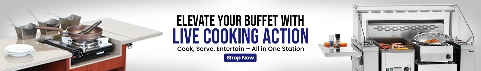 A live cooking station setup with countertop burners, sauce pans, and a stainless steel grill and wok station, prepared for buffet-style cooking.