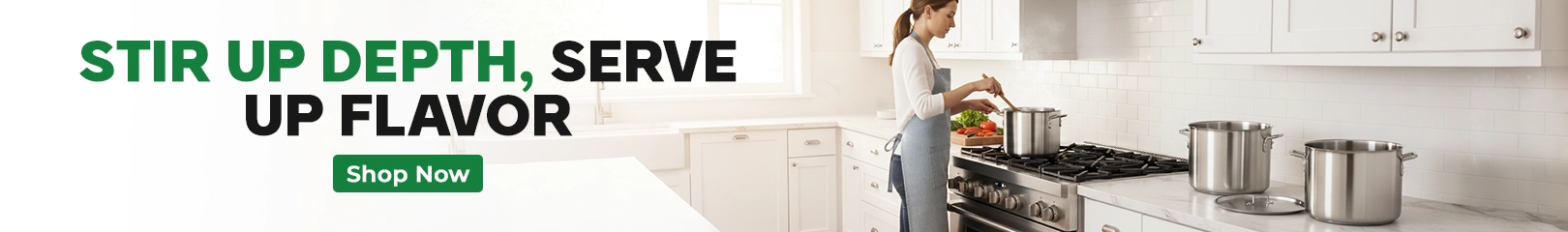 A cook preparing food on a stovetop with stainless steel stock pots displayed on a kitchen counter, shown with a banner about stirring depth and serving flavor.