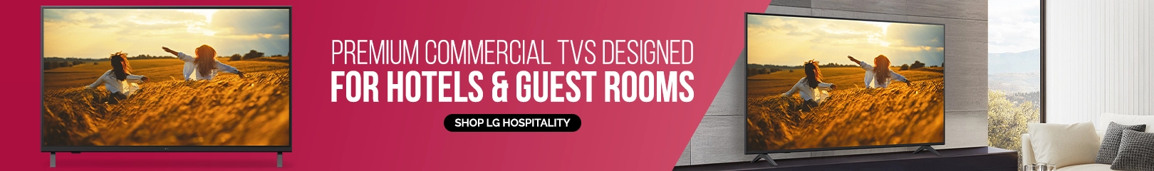LG hospitality commercial TV installed in hotel guest room, featuring premium display screen for in-room entertainment and hospitality viewing experience.