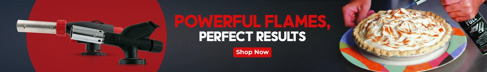 Cooking torches displayed alongside a chef caramelizing a pie topping with a flame, shown with a banner promoting powerful flames and perfect results.